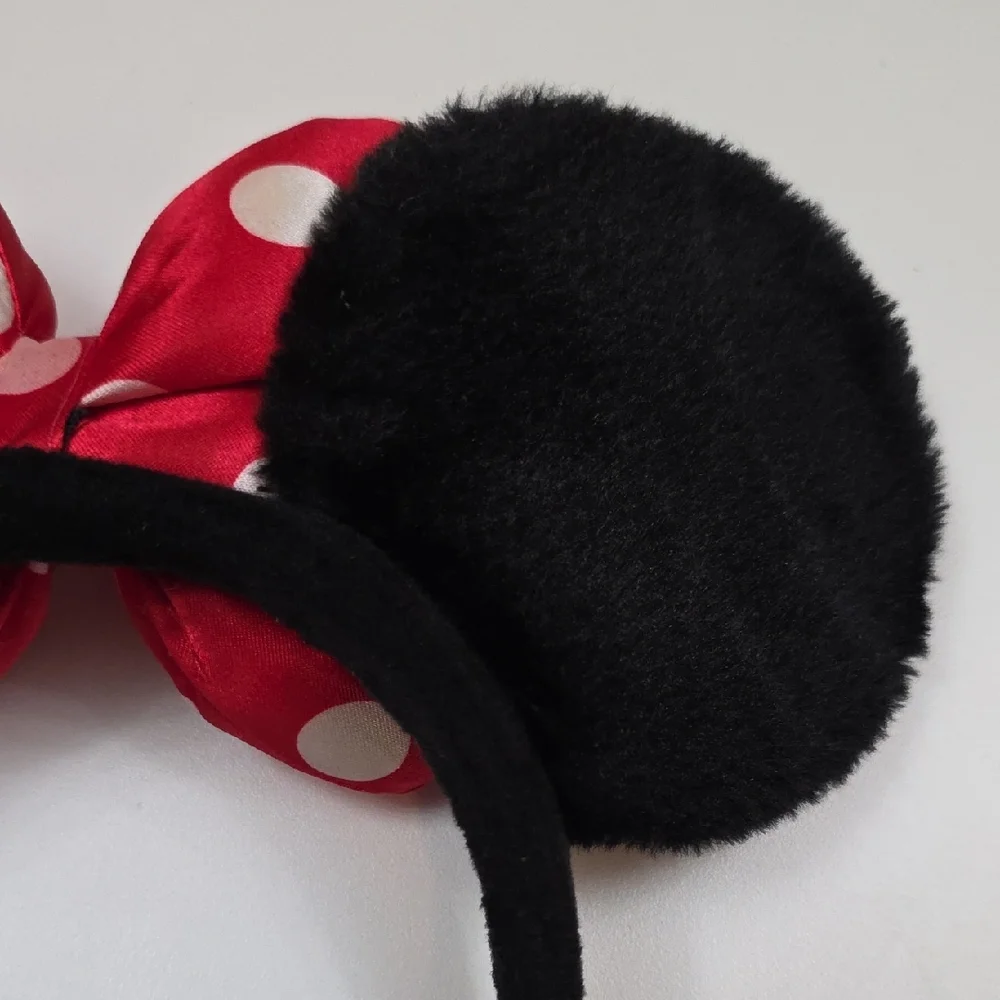 Disney Parks Minnie Mouse Ears - Fuzzy Black With Puffy Red Satin Bow Headband
